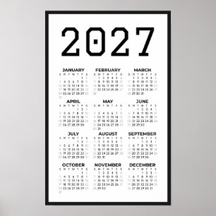 College Student Full Year Basic 2027 Calendar Wall Poster