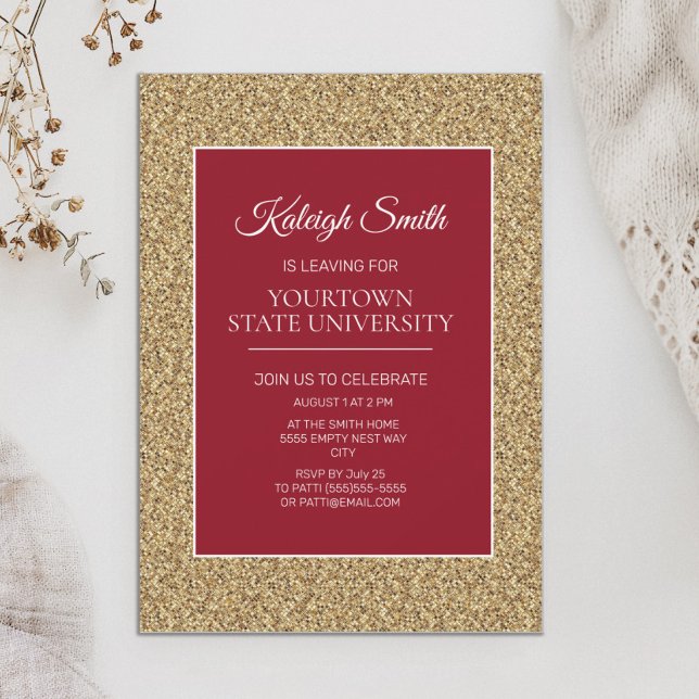 College Trunk Party Elegant Gold Glitter Red Invitation (Elegant red and gold graduation trunk party invitation)
