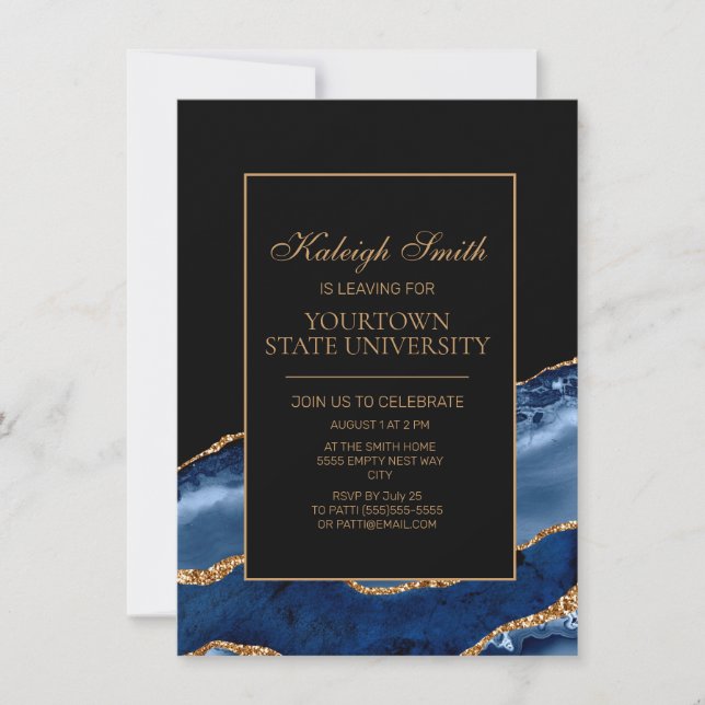 College Trunk Party Elegant Navy Blue Black Marble Invitation (Front)