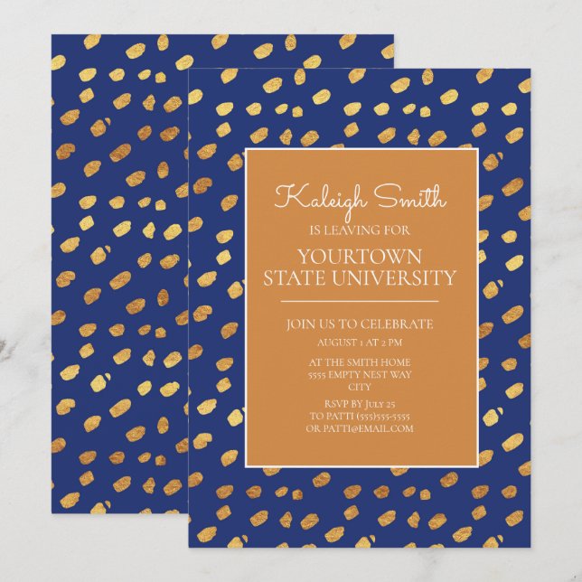 College Trunk Party Modern Blue Gold Invitation (Front/Back)