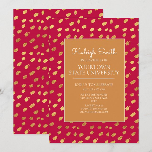 College Trunk Party Modern Gold and Red Invitation (Front/Back)