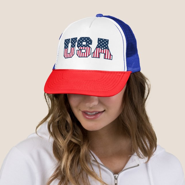 College USA Font Red White Blue Stars And Stripes Trucker Hat (In Situ)