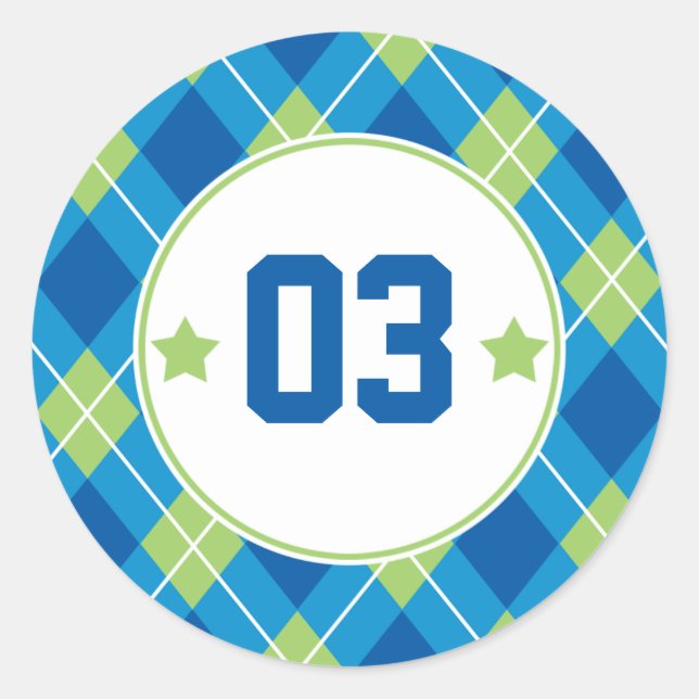 Collegiate Style Blue & Green Argyle Personalised Classic Round Sticker (Front)
