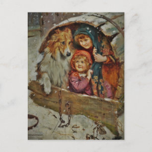 Collie and Children in the Doghouse Postcard