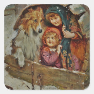 Collie and Children in the Doghouse Square Sticker