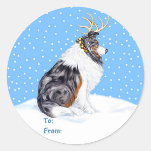 Collie Christmas Reindeer Blue Merle Gift Tags