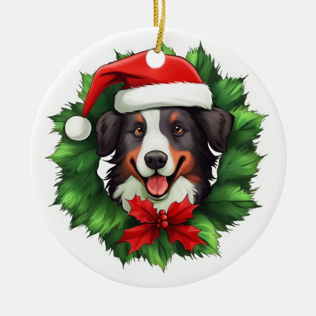 Collie Christmas Wreath Ceramic Ornament (Front)
