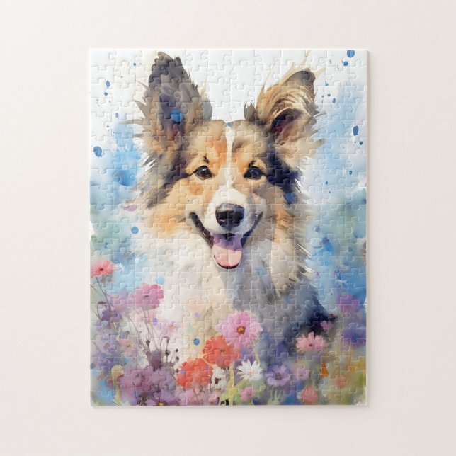 Collie colourful watercolor artwork jigsaw puzzle (Vertical)