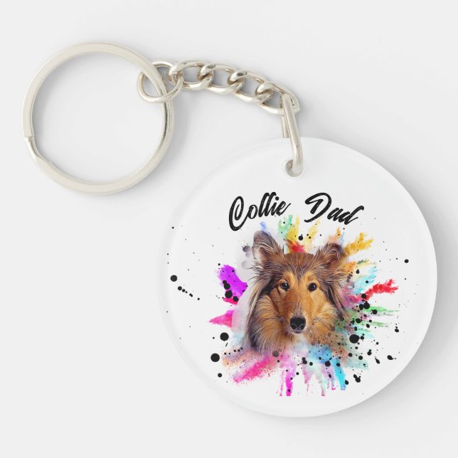 Collie Dad watercolor splash photo Keychain (Front)