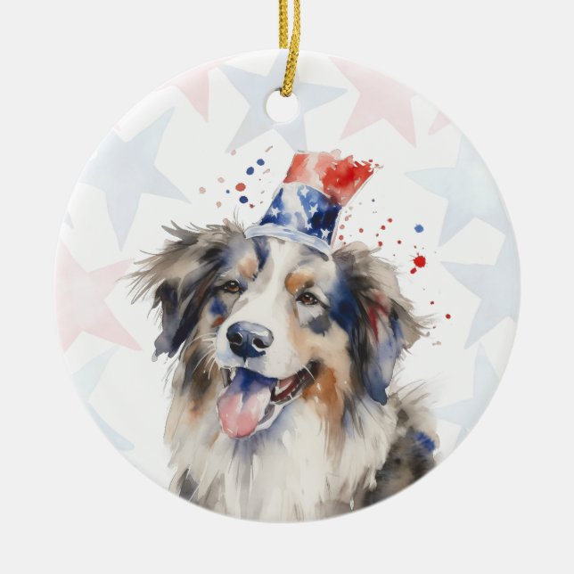 Collie Dog, 4th of july Personalised Ceramic Ornament (Front)
