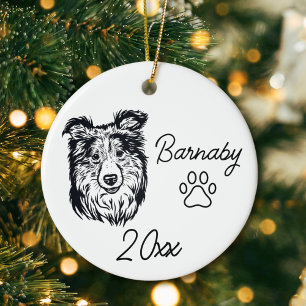 Collie Dog Custom Name & Year Line Art Ceramic Ornament