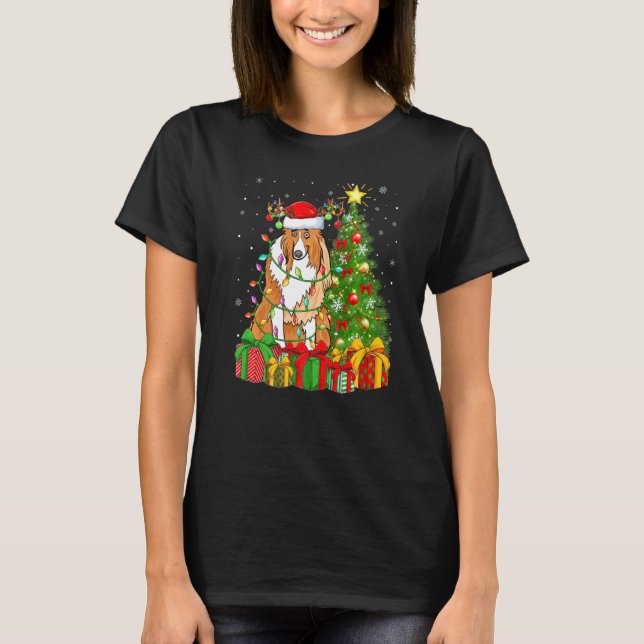 Collie Dog Lighting Xmas Tree Santa Hat Collie Chr T-Shirt (Front)