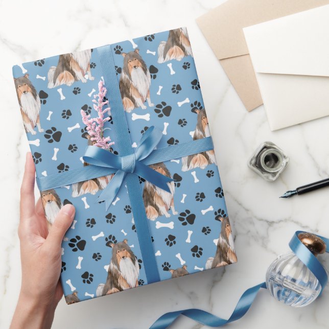 Collie Dog Paw Print Pattern on Blue Wrapping Paper (Gifting)
