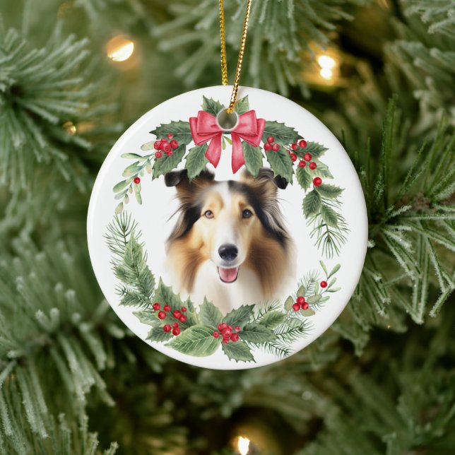 Collie Dog Red Bow Holly Wreath Ceramic Ornament (Tree)