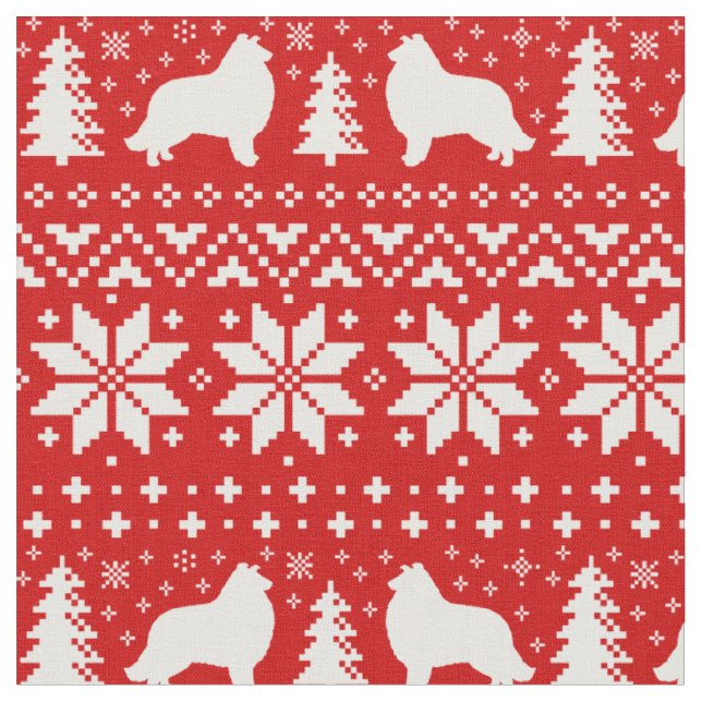 Collie Dog Silhouettes Christmas Holiday Patterned Fabric (Close Up)