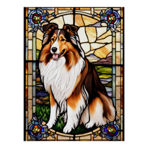 Collie Dog Stained Glass Art Mosaic Portrait Poster