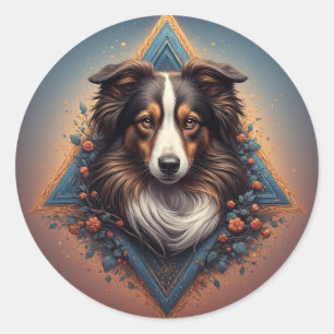 Collie Dog with Vibrant Geometric Background Classic Round Sticker