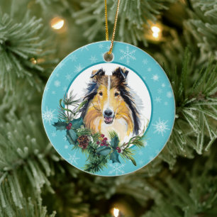 Collie Evergreen Blue Snowflake Border Ceramic Ornament