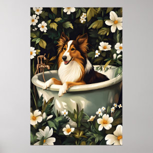 Collie In Bathtub Poster, Funny Dog Poster, Collie Poster