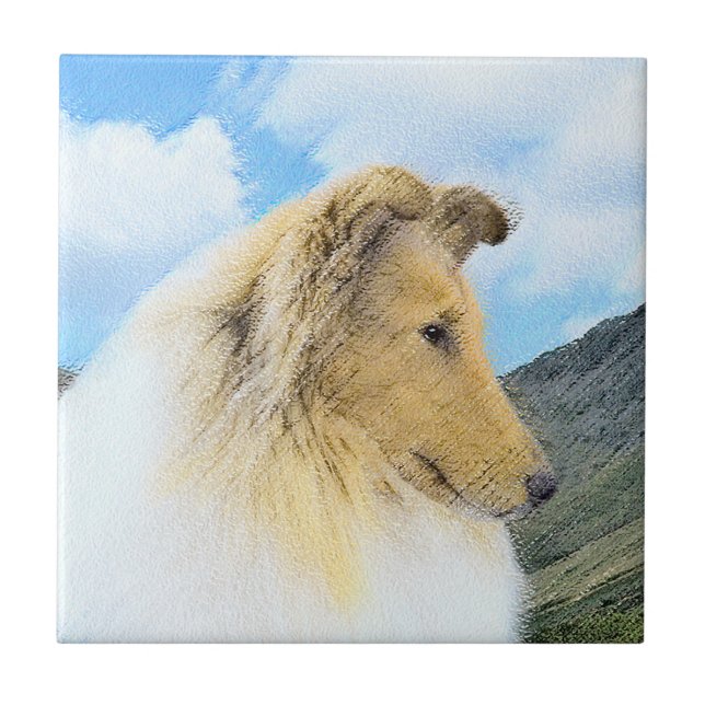 Collie in Mountains (Rough) Painting - Dog Art Ceramic Tile (Front)