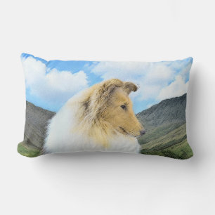 Collie in Mountains (Rough) Painting - Dog Art Lumbar Cushion