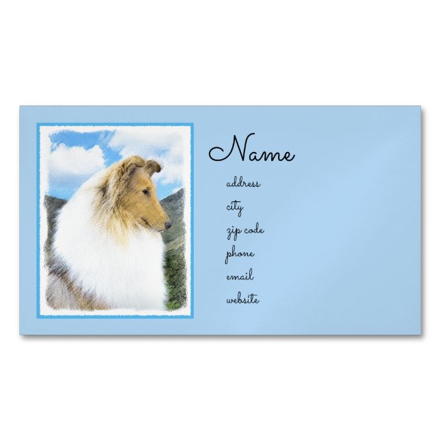 Collie in Mountains (Rough) Painting - Dog Art Magnetic Business Card (Front)
