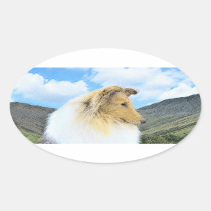 Collie in Mountains (Rough) Painting - Dog Art Oval Sticker