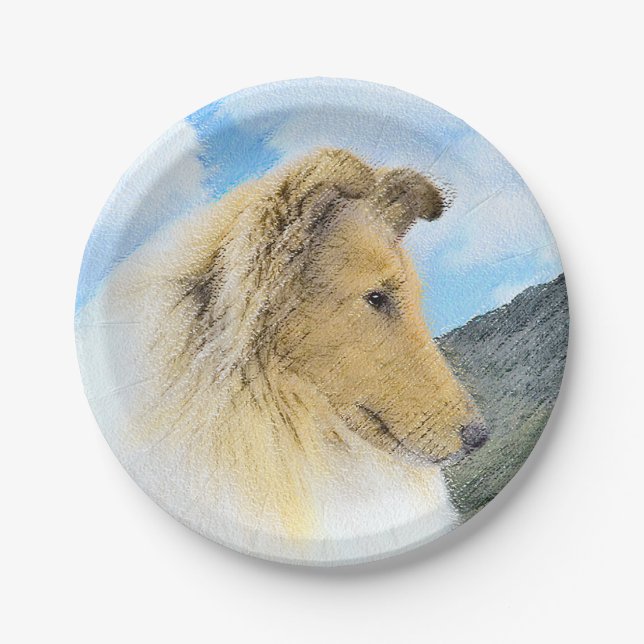 Collie in Mountains (Rough) Painting - Dog Art Paper Plate (Front)