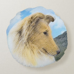 Collie in Mountains (Rough) Painting - Dog Art Round Cushion
