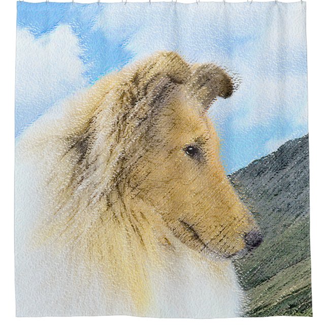 Collie in Mountains (Rough) Painting - Dog Art Shower Curtain (Front)