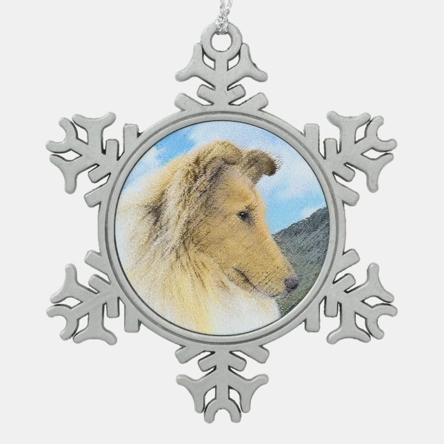 Collie in Mountains (Rough) Painting - Dog Art Snowflake Pewter Christmas Ornament (Front)