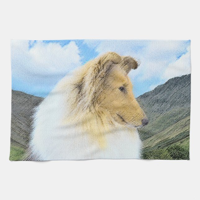 Collie in Mountains (Rough) Painting - Dog Art Tea Towel (Horizontal)