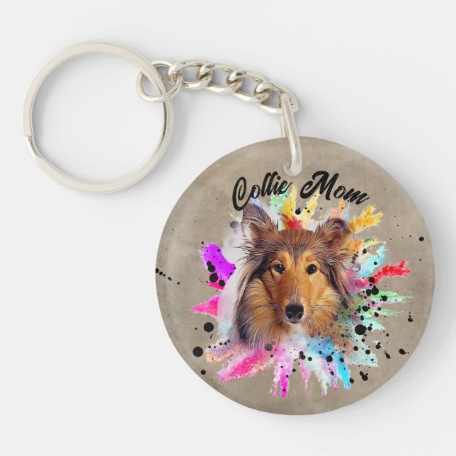Collie Mum watercolor splash photo Keychain (Front)