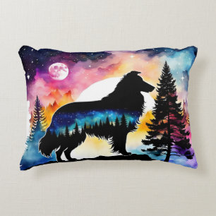 Collie on mountain top on colourful forest decorative cushion
