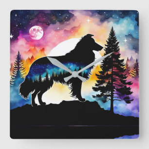 Collie on mountain top on colourful forest square wall clock