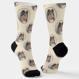 Collie Painting Rough Tricolor Original Dog Art Socks