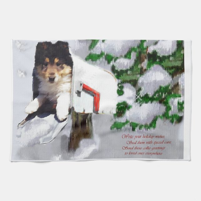 Collie Puppy Christmas Mailbox Tea Towel (Horizontal)