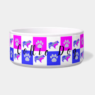 Collie Rough Dog & Paw Hot Pink and Blue Pet Bowl