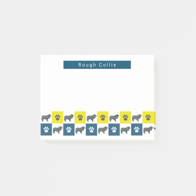 Collie Rough Dog & Paw Yellow & Blue Grid Post-it Notes (Front)