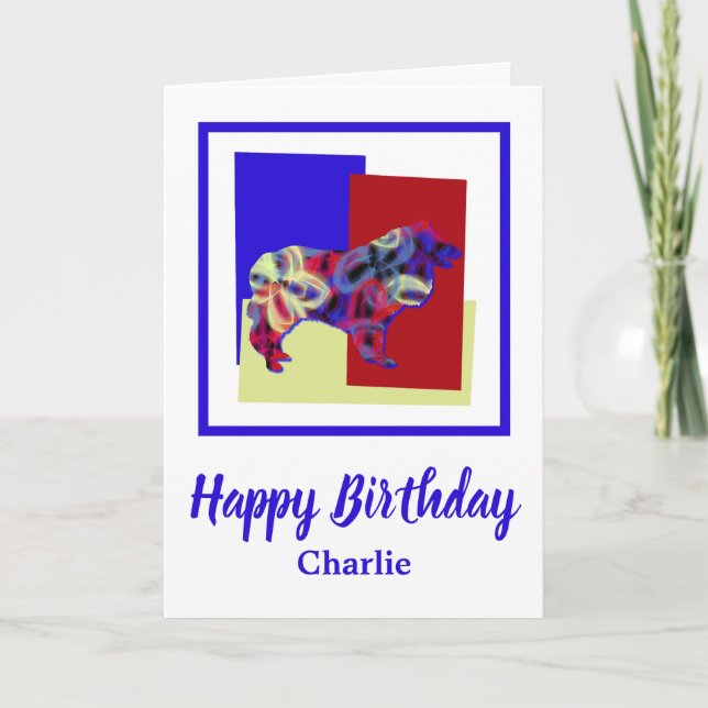 Collie Rough Dog Red Blue Yellow Birthday Card (Front)