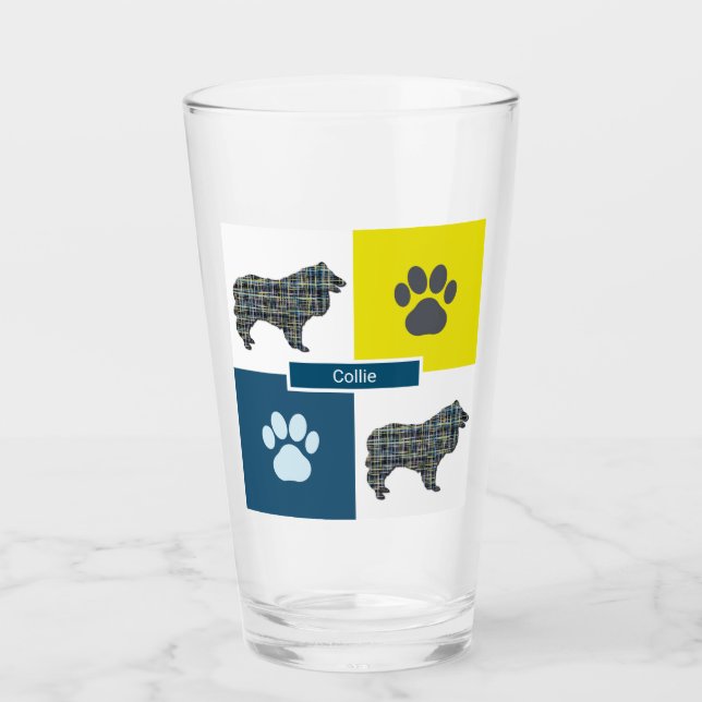 Collie Rough Dog Silhouette & Paw Y&B Grid Glass (Front)