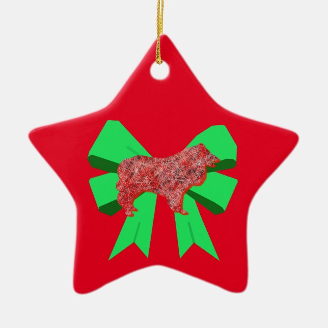 Collie Rough Red Dog & Green Bow Christmas Ceramic Ornament (Front)