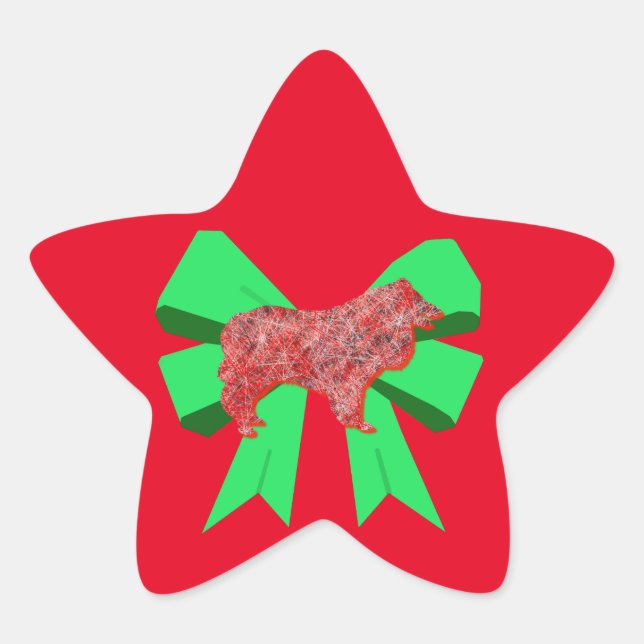 Collie Rough Red Dog & Green Bow Christmas Star Sticker (Front)