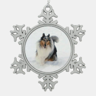 Collie Running Through Snow Snowflake Pewter Christmas Ornament
