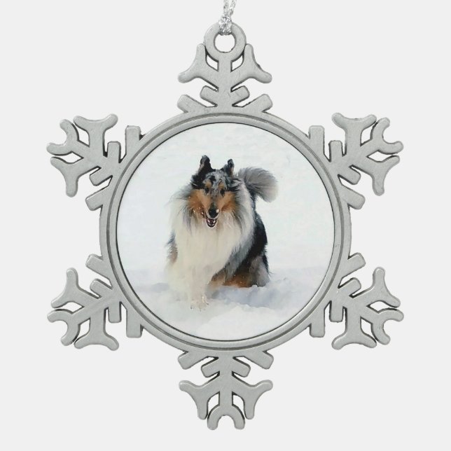 Collie Running Through Snow Snowflake Pewter Christmas Ornament (Front)
