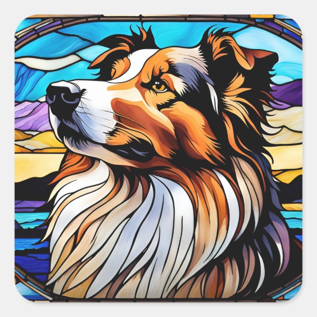 Collie Stained Glass look Square Sticker (Front)