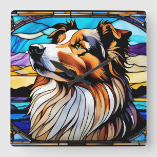 Collie Stained Glass look Square Wall Clock