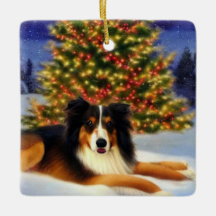 Collie under Christmas Tree Ceramic Ornament