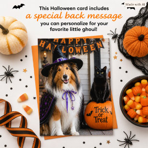 Collie Witch and Black Cat Halloween For Kids Holiday Card