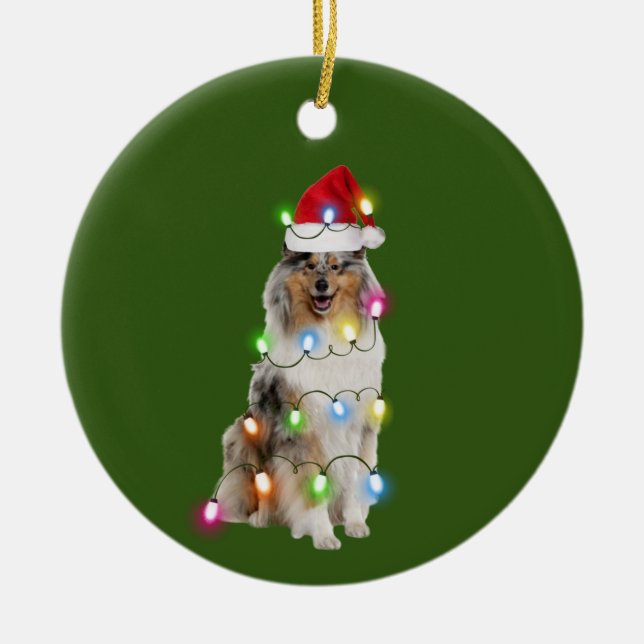 Collie With Hat Lights Christmas Ceramic Ornament (Front)